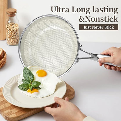 Non Stick Frying Pan with Lid, 12 Inch Ceramic Hybrid Tri-Ply Stainless Steel Frying Pans Nonstick W/Lid, Large Induction Skillet Frying Pans for Cooking, Metal Utensil&Dishwasher&Oven Safe, PFAS Free