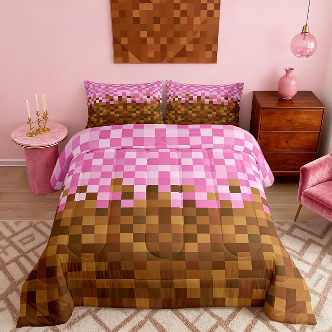 Manfei Pixelated Grid Kids Comforter Toddler Size,Miners Building Quilt Set for Kids Boys Girls Bedroom Decor,Cartoon Gamepad Bedding Set,Brown Pink Duvet Insert,1 Pillowcase