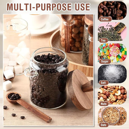 Remerry Set of 4 Glass Jar with Wooden Lid and Spoon, 20 oz Coffee Bean Tea Sugar Jar Set, Clear Airtight Spice Canisters Glass Food Storage Kitchen Containers for Coffee Bean Tea Sugar