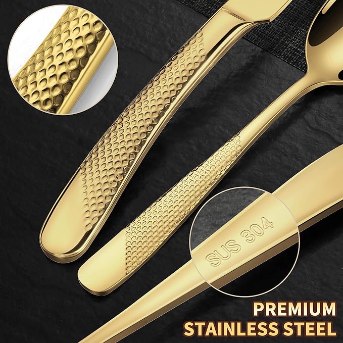 Lemeya 20-Piece Hammered Gold Silverware Set for 4,18/10 Stainless Steel Flatware Set with Serrated Forged Knives,Heavy Duty Cutlery Set for Home & Party Restaurant,Mirror Polished, Dishwasher Safe