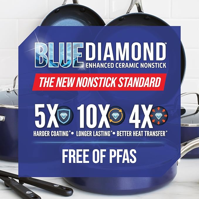 Blue Diamond 8" Nonstick Frying Pan Skillet, Diamond Infused PFAS-Free Ceramic, Dishwasher & Oven Safe, Stainless Steel Handle, Durable Non Toxic Metal Utensil Safe, Egg & Omelet Pan, Blue