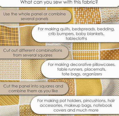 Cotton Satin Patchwork Fabric Panel – 35 Designs, 20×20 cm Squares, Single Piece 150×110 cm, Yellow Patchwork Quilt Fabric (Golden Harvest Patchwork Set, 35pcs 8x8 inch)