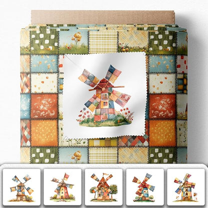 Patchwork Fabric Panel with Windmill Designs – 100% Cotton Satin, 6 Printed Panels 10”×10” + Patchwork Sheet 29.5”×19.7”, Single Continuous Cloth for Quilting & Sewing