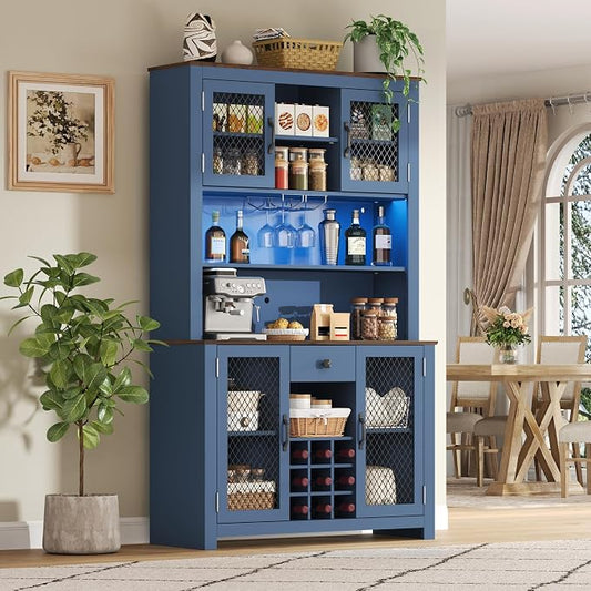 VilroCaz 70.9" Tall Farmhouse Kitchen Pantry Buffet Cabinet with Doors, Drawer and Shelves Wine Rack, Wooden Kitchen Hutch Cabinet with LED Outlets for Dining Room (Navy Blue-R)