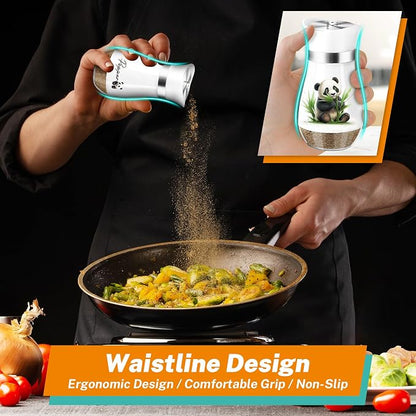 Panda Salt and Pepper Shakers Set,4 oz Glass Bottom Salt Pepper Shaker with Stainless Steel Lid Kitchen Decor and Accessories Refillable Design(Panda Eatting)