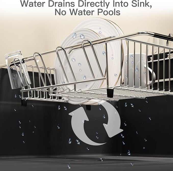 Over the Sink Expandable Dish Drainer Drying Rack In Stainless Steel for Small Kitchen, Counter Space Saving Modern Compact Metal Above Plate Dryer Strainer, Adjustable Hanging Inside Drain Holder
