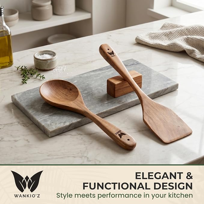 WANKIO'Z Acacia Wood Kitchen Utensil Set – 12" Handcrafted Wooden Spatula & Spoon | Complete Cooking & Serving Set | Safe for Nonstick Cookware | Premium Gift-Ready Packaging