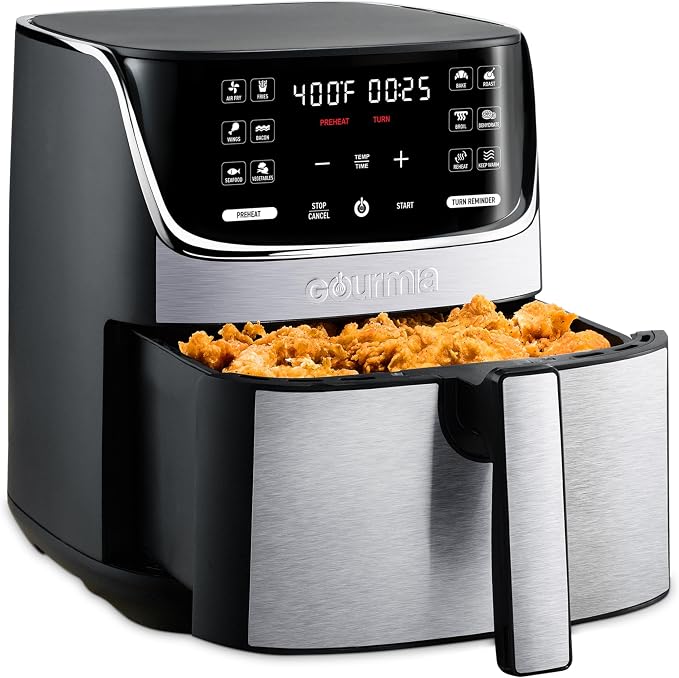 Gourmia Air Fryer - 7 Qt Capacity, LED Display, 12 One-Touch Presets, FryForce 360° Technology, Nonstick Dishwasher-Safe Basket & Crisper Tray, Stainless Steel