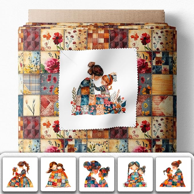 Patchwork Mother & Daughter Cotton Fabric Panel – 6 Designs (10×10 inch Each) + Bonus Sheet 29.5×19.6 inch, 100% Cotton 140 GSM, Made in Türkiye
