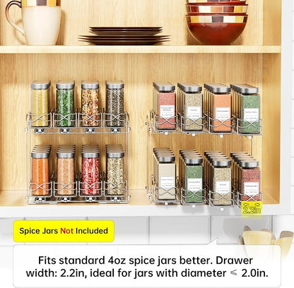 Pull Out Spice Rack Organizer for Cabinet, 2 Tier Individual Slide Drawer, Chrome Cabinet Spice Organizer, Fits 4oz Spice Jars(Max Diameter 2.0in), Height Adjustable Spice Rack,2 Installation Methods