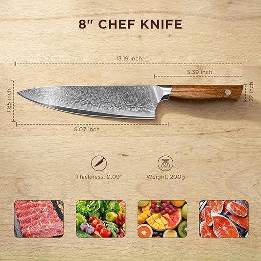 8 Inch Chef Knife – Japanese VG10 Steel Core 67-Layer Damascus, Wood Handle and Premium Gift Box, Full Tang Gyuto Knife, Fathers Day, Unique Gifts for Men & Women