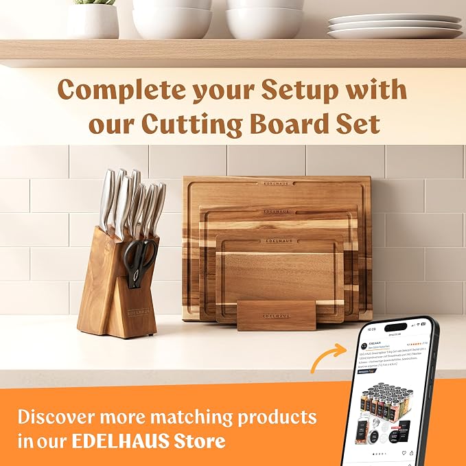 EDELHAUS Knife Set with Block, 9 pcs Kitchen Knife Block Set | Professional Knife Block with Sharpener & Scissors, Stainless Steel Kitchen Knife Set with Acacia Wood Block & Steel Handles