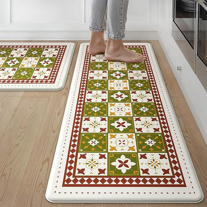GENIMO Anti Fatigue Kitchen Mats for Floor, Cushioned Non Slip Kitchen Rug, Waterproof Kitchen Floor Mat Runner, Kitchen Mat for Laundry, Sink, Office, Entryway, 20"x48"+20"x32", Green