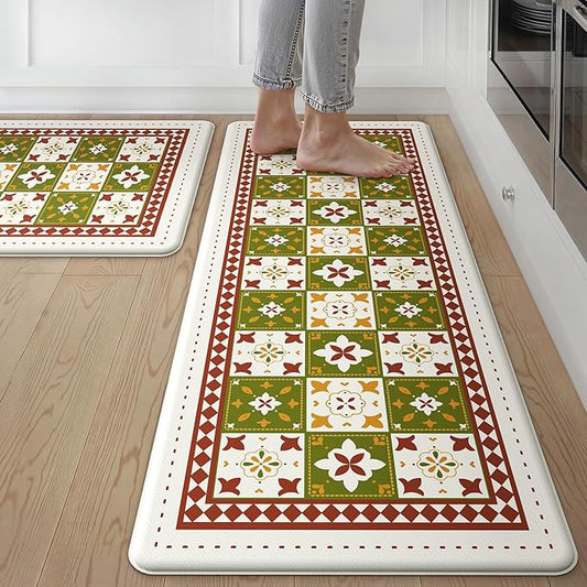 GENIMO Anti Fatigue Kitchen Mats for Floor, Cushioned Non Slip Kitchen Rug, Waterproof Kitchen Floor Mat Runner, Kitchen Mat for Laundry, Sink, Office, Entryway, 20"x48"+20"x32", Green