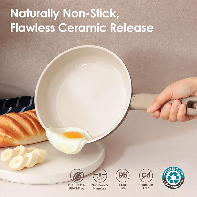 SENSARTE Ceramic Nonstick Pots and Pans Set 17pcs, Healthy Induction Cookware Set, Nontoxic Kitchen Cooking Set with Skillets & Saucepans, Stay-cool Handles, PFAS PTFE PFOA PFOS Free,Taupe