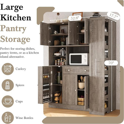 VilroCaz Farmhouse Style Large Kitchen Pantry with Hutch, Freestanding Wood Storage Cabinet Cupboard with Pull-Out Side Cabinet, Door Shelves and Drawer (Brown-6.10)