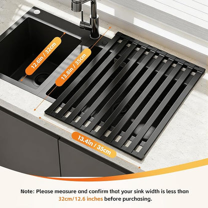 Foldable Over Sink Dish Drying Rack, Extra Wide & Thick Rust-Proof Aluminum Sink Cover for Counter Space, Collapsible Dish Drying Rack Fits Most Kitchen Sinks (Black, 13.8“x13.6)