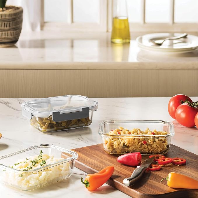 Superior Glass Meal Prep Containers - 3-pack (21oz) Newly Innovated Hinged BPA-free Locking lids - 100% Leak Proof Glass Food Storage Containers, Great on-the-go, Freezer to Oven Safe Lunch Containers