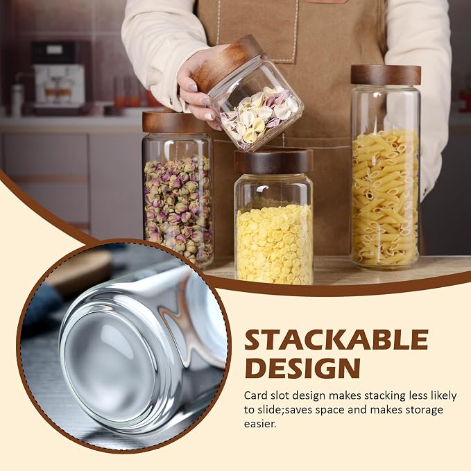 40 fl oz/1200 ml Glass Jar with Airtight Wooden Screw Top Lid, Clear Stackable Food Storage Canister, Large Tall Decorative Glass Container for Coffee, Candy, Cookie, Sugar, Oatmeal, Pasta