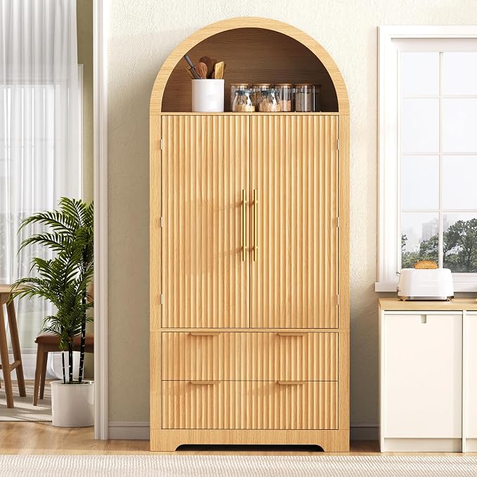 72" Tall Arched Kitchen Pantry Cabinet with 2 Drawers, Mid Century Modern Fluted Storage Cabinet with 8 Adjustable Door Shelves, Wooden Cupboard Organizer for Kitchens, Living Room (Natural-6.3)