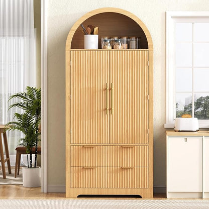 72" Tall Arched Kitchen Pantry Cabinet with 2 Drawers, Mid Century Modern Fluted Storage Cabinet with 8 Adjustable Door Shelves, Wooden Cupboard Organizer for Kitchens, Living Room (Natural-6.3)