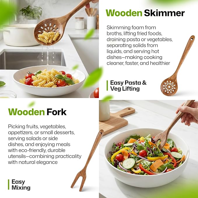 AIUHI Wooden Kitchen Utensil Set, Complete 33-Piece Wooden Cooking Utensil Set with Spoons, Spatulas, Measuring Tools & Storage, Non-Stick Safe Wooden Utensils for Kitchen