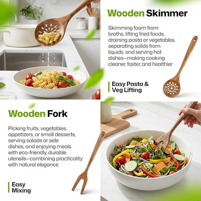 AIUHI Wooden Kitchen Utensil Set, Complete 33-Piece Wooden Cooking Utensil Set with Spoons, Spatulas, Measuring Tools & Storage, Non-Stick Safe Wooden Utensils for Kitchen