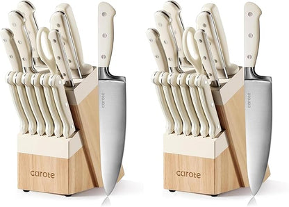 CAROTE 14 Pieces Knife Set with Block, Forged, High Carbon Stainless Steel Sharp Blade Block Knife Set, Dishwasher Safe Cutlery, Cream (Pack of 2)