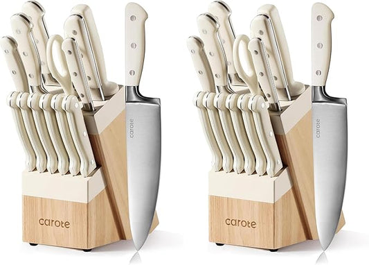 CAROTE 14 Pieces Knife Set with Block, Forged, High Carbon Stainless Steel Sharp Blade Block Knife Set, Dishwasher Safe Cutlery, Cream (Pack of 2)