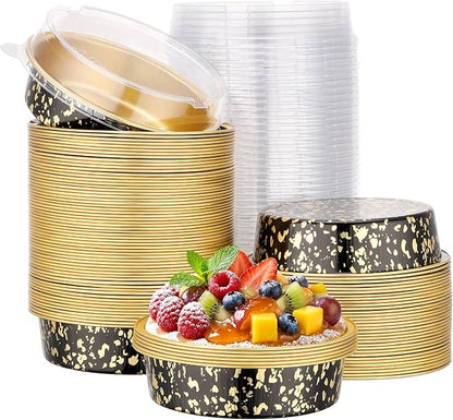 Beasea Mini Ramekins with Lids, 100 Pack 7.3oz Disposable Aluminum Tart Pie Baking Tins Pans, 4 Inch Small Individual Cheesecake Tart Containers Oven Baking Dishes for Party - Black Gold Speckles
