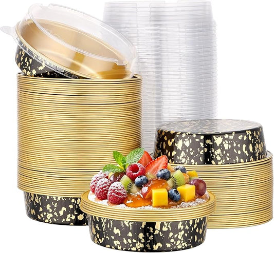 Beasea Mini Ramekins with Lids, 100 Pack 7.3oz Disposable Aluminum Tart Pie Baking Tins Pans, 4 Inch Small Individual Cheesecake Tart Containers Oven Baking Dishes for Party - Black Gold Speckles