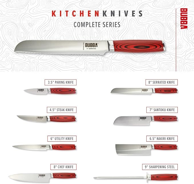 BUBBA Kitchen Series 8" Serrated Knife for easily slicing through bread crusts, meats, tomatoes and more with a premium German Steel Blade.