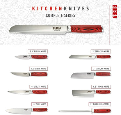 BUBBA Kitchen Series 8" Serrated Knife for easily slicing through bread crusts, meats, tomatoes and more with a premium German Steel Blade.