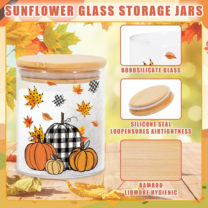 JarThenaAMCS 3Pcs Fall Glass Storage Jars with Airtight Lid Pumpkin Truck Leaves Clear Food Storage Canisters Sets for Autumn Thanksgiving Home Kitchen Countertop Decoration