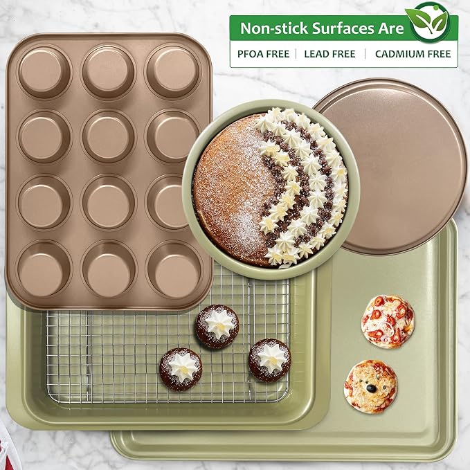 Nonstick Bakeware Set 10 Pcs, Professional Kitchen Bicolor Baking Pans Set with Cookie Sheets, Muffin Pan, Loaf Pan, Cake Pan and Cooling Rack, 0.8mm Thick/Dishwasher Safe/Heavy Duty