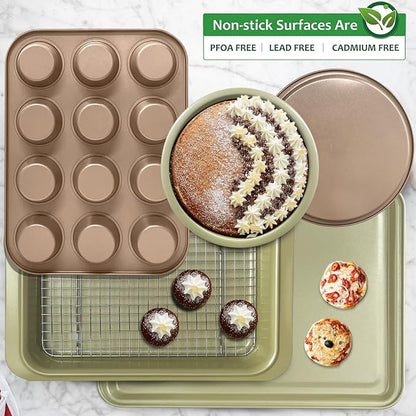 Nonstick Bakeware Set 10 Pcs, Professional Kitchen Bicolor Baking Pans Set with Cookie Sheets, Muffin Pan, Loaf Pan, Cake Pan and Cooling Rack, 0.8mm Thick/Dishwasher Safe/Heavy Duty