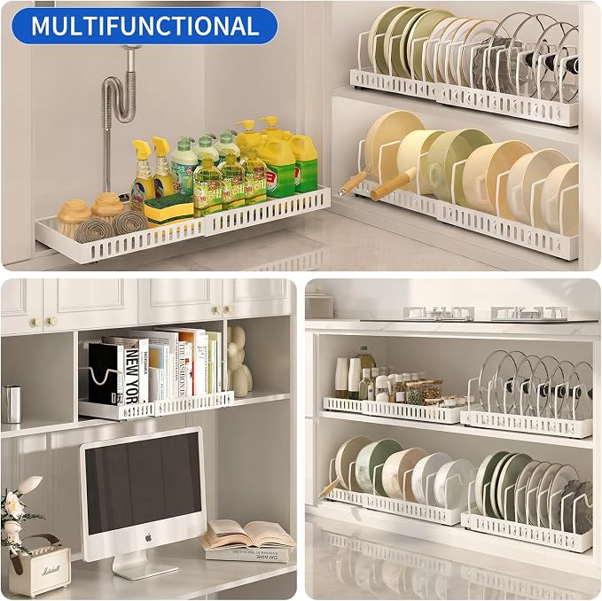 Pull-Out Pots and Pans Organizer, Expandable Lid Rack Pans Organizer Under Cabinet with 12 Adjustable Dividers, Storage Rack for Cookware, Spice, Cutting Board, Dishes, Baking Tray, Lid (White)