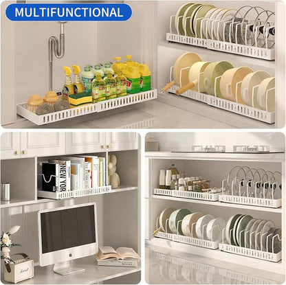 Pull-Out Pots and Pans Organizer, Expandable Lid Rack Pans Organizer Under Cabinet with 12 Adjustable Dividers, Storage Rack for Cookware, Spice, Cutting Board, Dishes, Baking Tray, Lid (White)