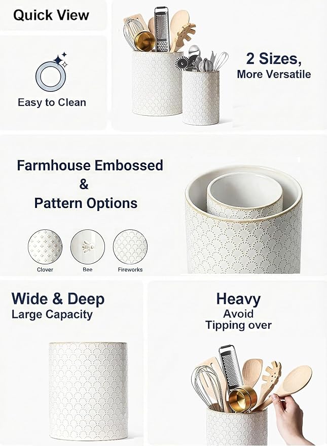 LE TAUCI Kitchen Utensil Holder for Countertop - 7.1"+5.4" Ceramic Utensil Crock Set of 2, Large Cooking Utensil Organizer for Spatula, Spoon, Whisk - Farmhouse Storage, Embossed, Fireworks
