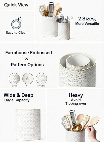 LE TAUCI Kitchen Utensil Holder for Countertop - 7.1"+5.4" Ceramic Utensil Crock Set of 2, Large Cooking Utensil Organizer for Spatula, Spoon, Whisk - Farmhouse Storage, Embossed, Fireworks