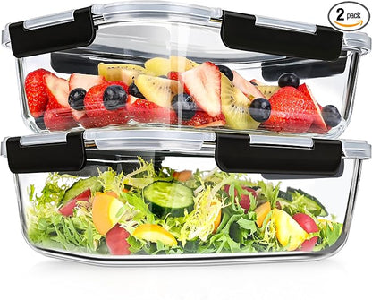 GEHE 2 Pack 78oz Large Glass Storage Containers with Lids, Meal Prep Container, Glass Food Storage Containers for Roasting, Serving, Leakproof, Microwave, Freezer and Dishwasher Safe, BPA Free