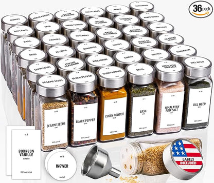 Deco haus Glass Spice Jars with Label 36x4oz [WHITE LABELS incl] Spice Containers with Labels, Shaker Lids & Funnel - Empty Herb Seasoning Containers, Small Seasoning Bottles for Herb with Lid