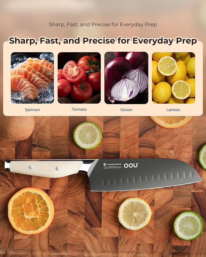 OOU 7 Inch Santoku Knife, German 1.4116 Stainless Steel Kitchen Knife, Gunmetal Blade with AgShield & TinSharp Finish, Balanced ABS Handle, Sharp Cooking Knife for Meat, Vegetables and Daily Prep