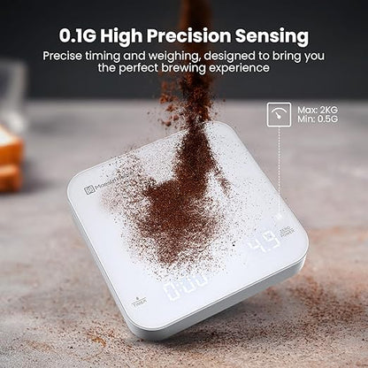 Maestri House S2 Espresso Coffee Scale with Timer, USB-C Rechargeable 2kg/0.1g Precision Shot Scale, Digital Scale for Espresso Brewing(White & Silver)