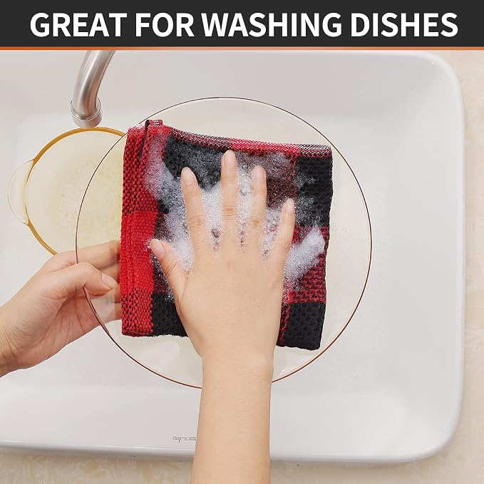 Homaxy 100% Cotton Waffle Weave Check Plaid Dish Cloths, 12 x 12 Inches, Super Soft and Absorbent Dish Towels Quick Drying Dish Rags, 6-Pack, Black & Red