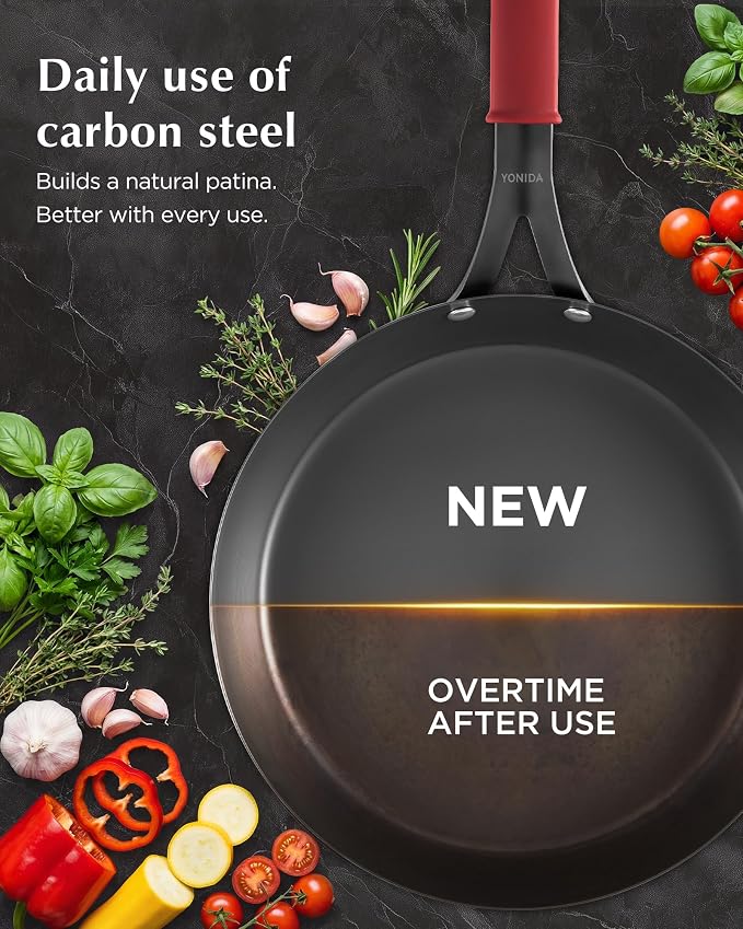 Carbon Steel Pan, 12 Inch Nonstick Frying Pan Skillet with Lid, Pre-Seasoned Carbon Steel Cookware with Removable Silicone Handle Holder, Indoor/Outdoor, Induction & Oven Safe