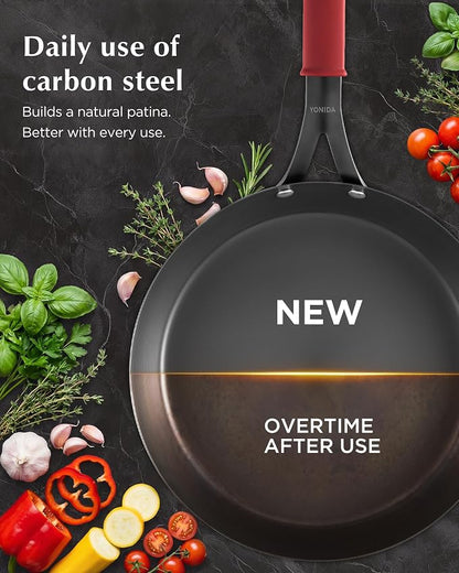 Carbon Steel Pan, 12 Inch Nonstick Frying Pan Skillet with Lid, Pre-Seasoned Carbon Steel Cookware with Removable Silicone Handle Holder, Indoor/Outdoor, Induction & Oven Safe