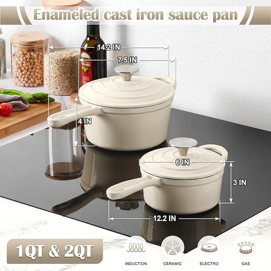 E-far 1Qt & 2Qt Sauce Pan Set, Enameled Cast Iron Saucepans Pot with Self-basting Lids, Heavy Duty Small Dutch Oven for Stove, Induction-Ready & Easy Clean, Cream