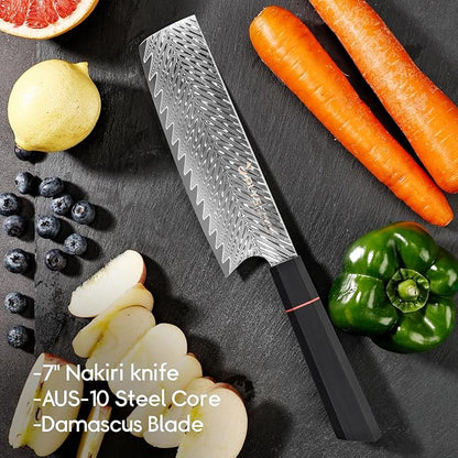 Nakiri Knife Japanese Damascus Cleaver: 6.6 Inch Chef Knife Professional Kitchen Knife Razor Sharp Meat Cleaver with G10 Ergonomic Handle