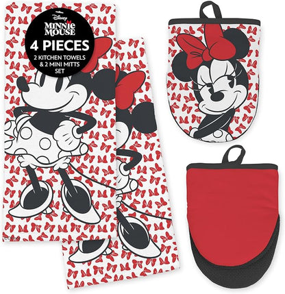 Disney Kitchen Towels & Oven Mitts Set – 4 Piece Bundle with 2 Cotton Dish Towels/Hand Towels & 2 Heat Resistant Mini Oven Mitts (Pot Holders) – Mickey, Stitch & Pooh (Minnie Mouse)